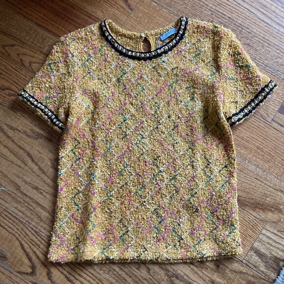 Zara Mustard Yellow Plaid Tweed Wool Blend Embellished Short Sleeve Top Sz 4 NWT - Picture 11 of 14